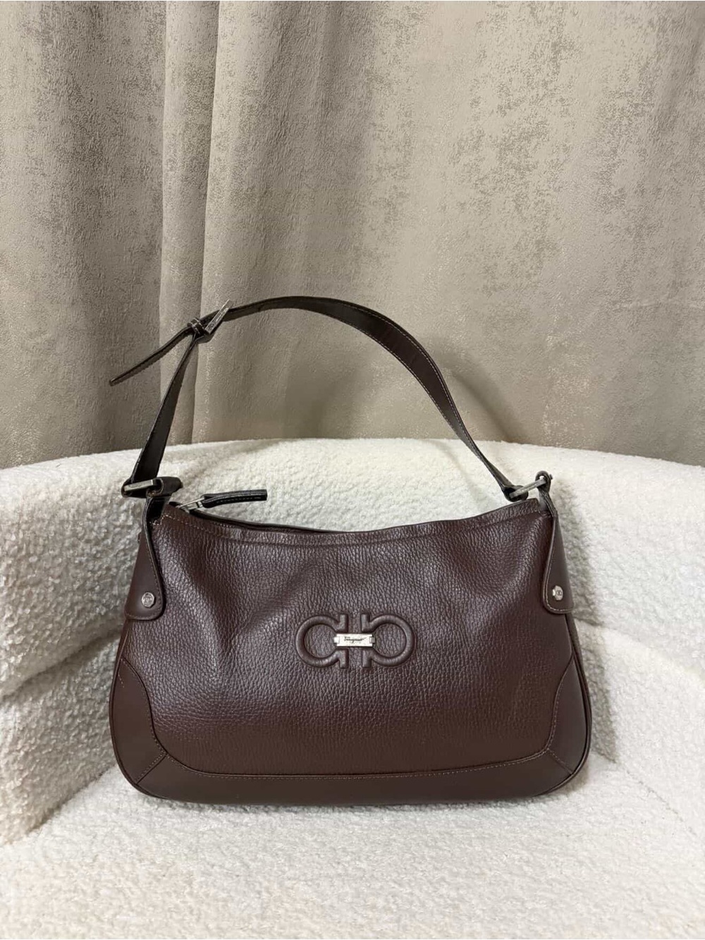 Salvatore Ferragamo Dark Brown Pebbled Leather Shoulder Bag